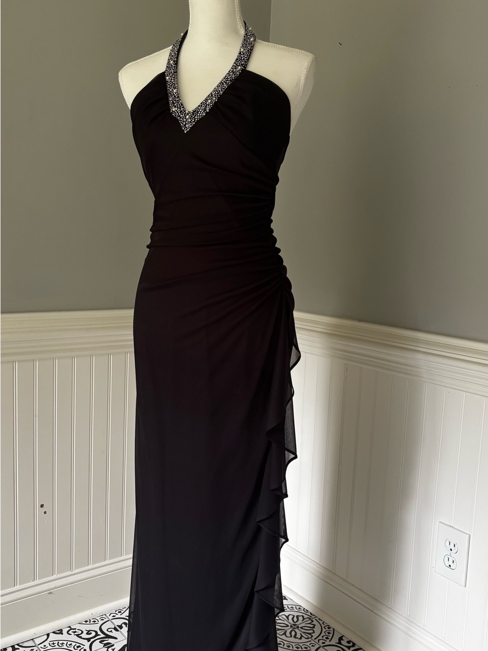 Betsy & Adam Black Halter Gown with Beaded V-Neck